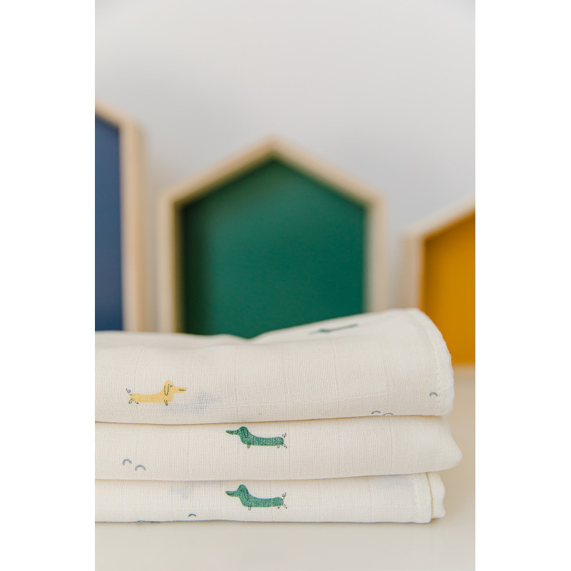 Set de 3 Lange Mousseline de Coton 70x70cm Little Dogs / Organic Green / Little Dots Blue - Gloop!