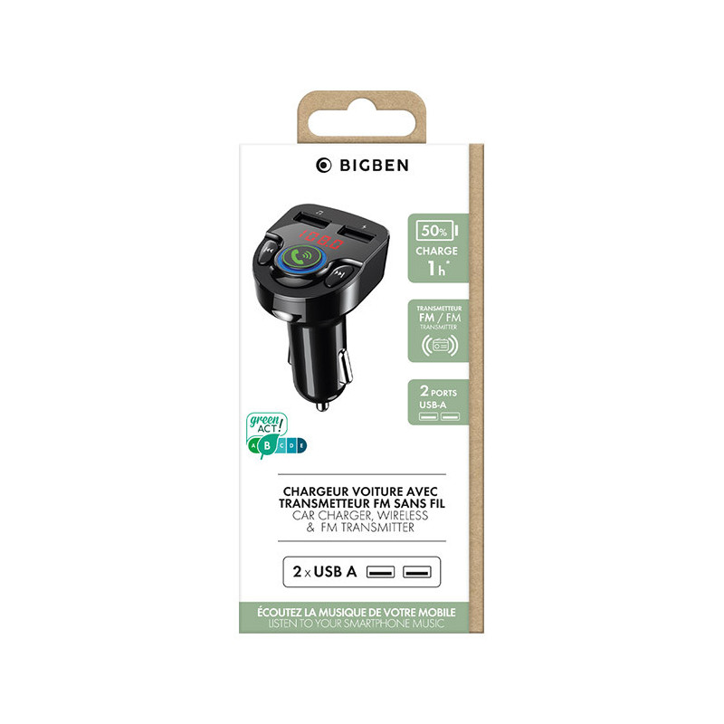 Chargeur Voiture Double USB A+A avec Transmetteur FM Noir - BIGBEN - CAC2USBAFMB