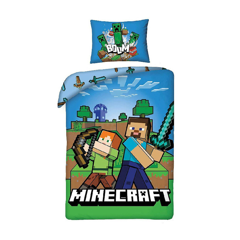 Parure housse de couette Minecraft 140x200 cm avec Taie d'oreiller