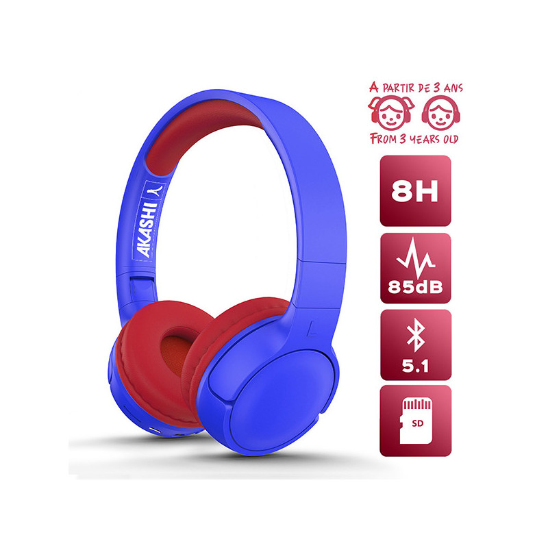 Casque Kids Bluetooth 5.1 + Micro Bleu/Rouge - AKASHI - ALT30607