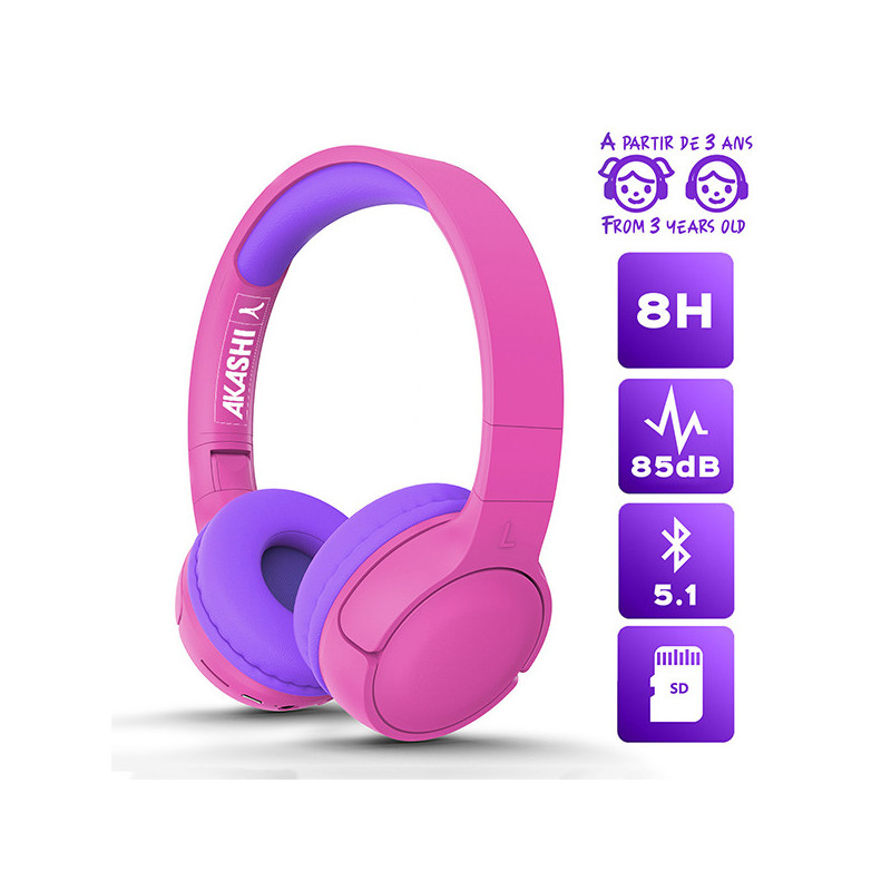 Casque Kids Bluetooth 5.1 + Micro Rose/Violet - AKASHI - ALT30614