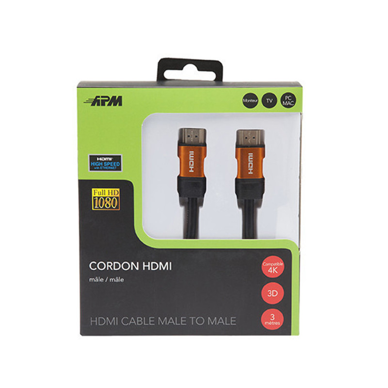 Câble HDMI 4K Ethernet Mâle/Mâle 3m Noir/Doré - APM - 590467