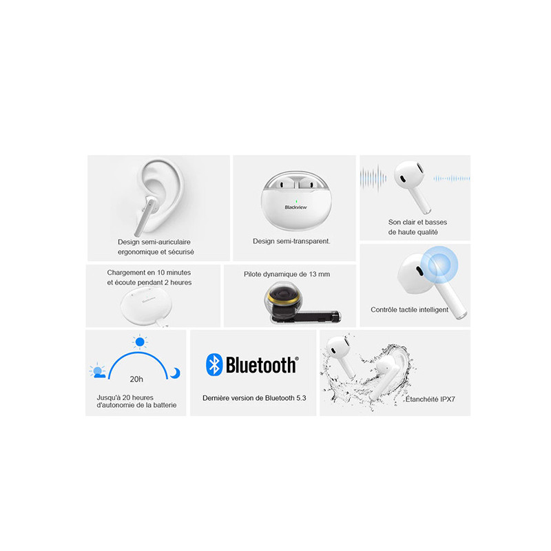 Ecouteurs Bluetooth 5.3 Airbuds 6 Dernière Version Blanc - BLACKVIEW - CAS_BV_AIRBUDS_6