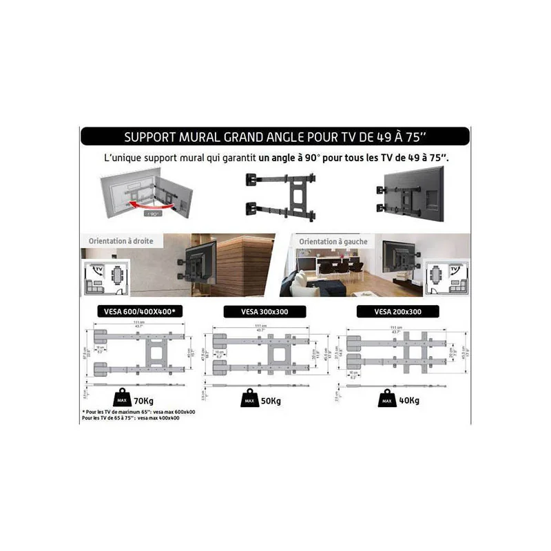 Support Mural Inclinable/Orientable Flag TV 49à75"(124à191 cm) Noir - MELICONI - MEL480872