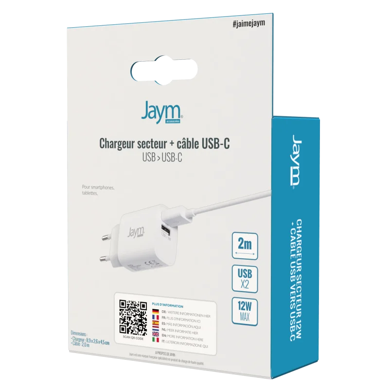 Pack Chargeur Secteur 2 USB 12W + Câble USB vers Type-C 2m Blanc - JAYM - JMCOMBO001