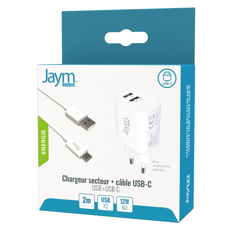 Pack Chargeur Secteur 2 USB 12W + Câble USB vers Type-C 2m Blanc - JAYM - JMCOMBO001