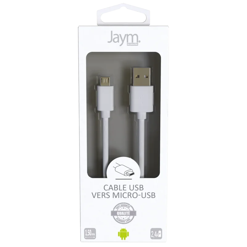 Câble USB Vers Micro-USB 2.4A 1.5m Blanc - JAYM - JMPOPCâble 032