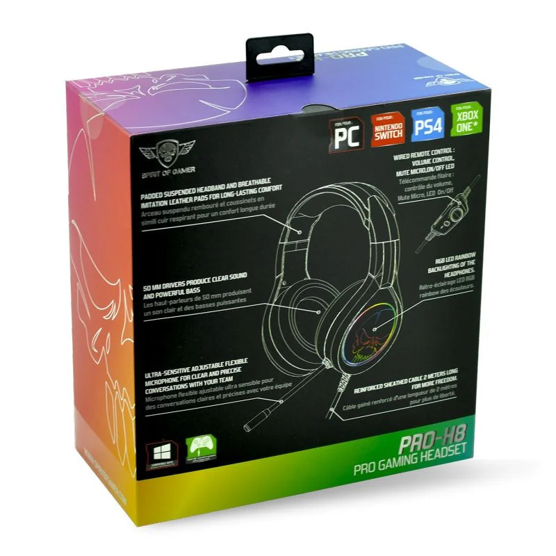 Casque filaire Gaming 2.0 Pro-H8 RGB Noir - SPIRIT OF GAMER - CASQMICPH8SOG