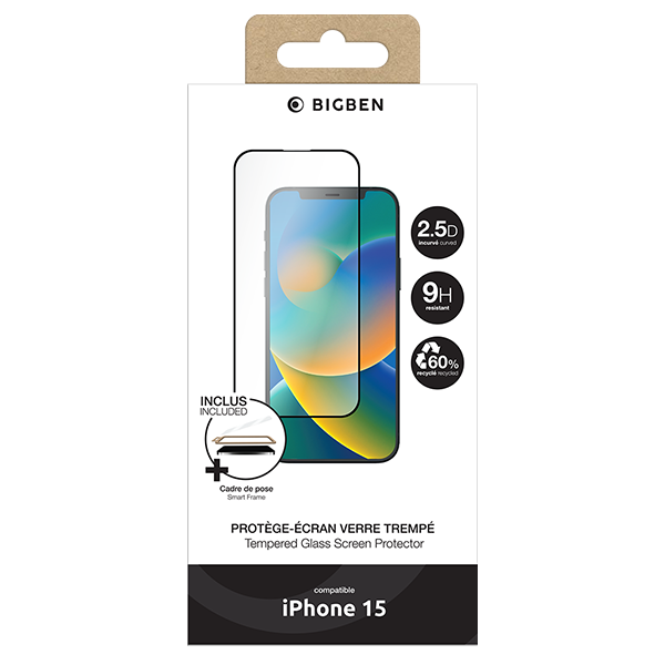 Protège écran 2.5D iPhone 15 + SmartFrame - BIGBEN - PEGLASSIP15