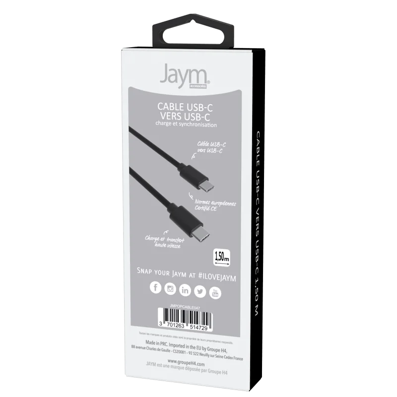 Câble USB-C vers Type-C 3A 1.5m Noir - JAYM - JMPOPCABLE047