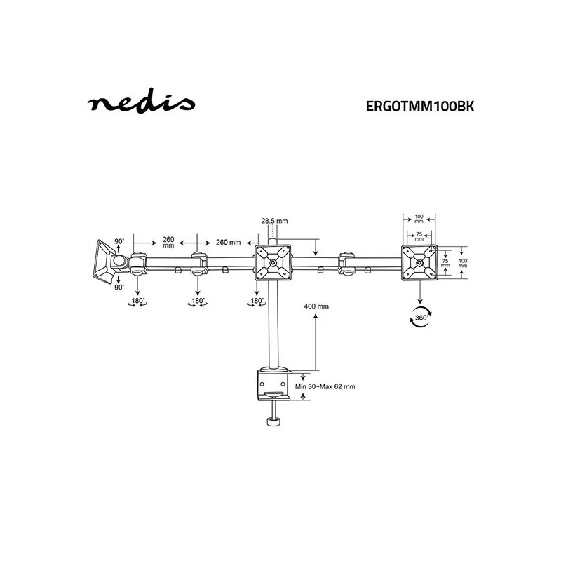 Support pour moniteur de bureau 3 écrans 14-24 " noir - NEDIS - ERGOTMM100BK