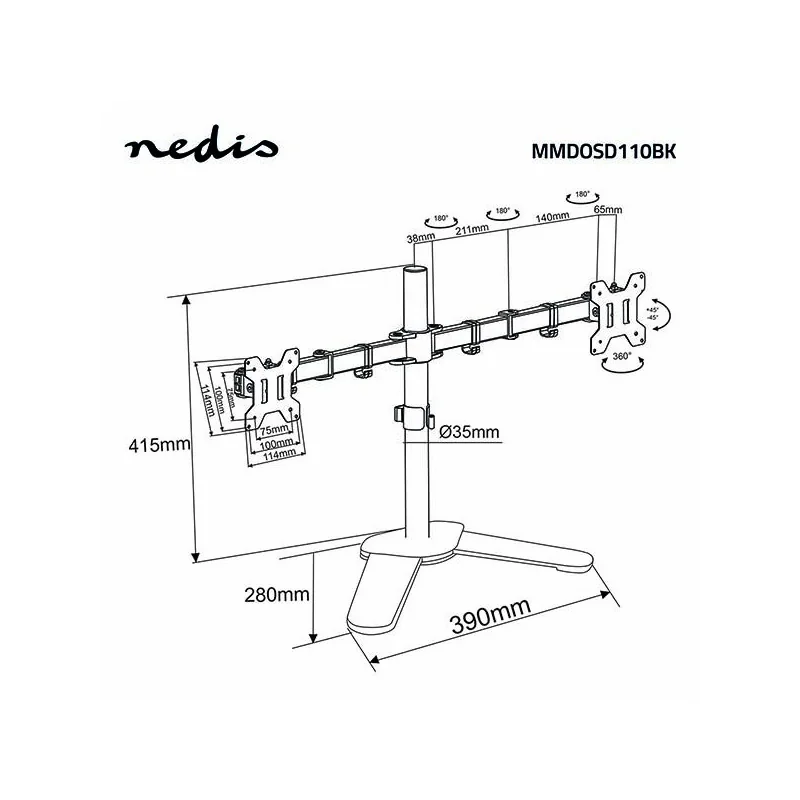 Support pour moniteur de bureau 2 écrans 15 - 32" Noir - NEDIS - MMDOSD110BK