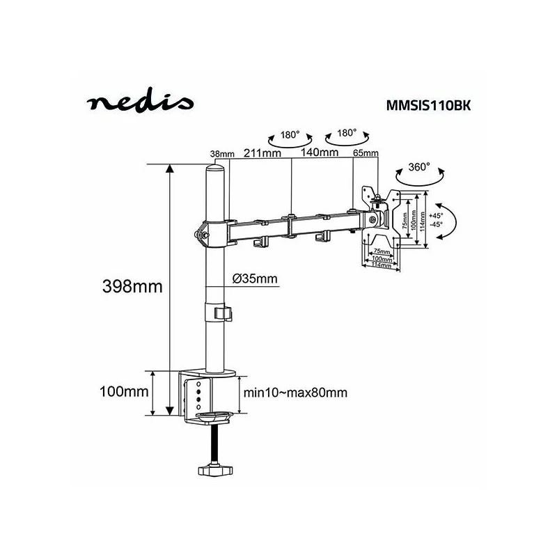 Support pour moniteur de bureau 1 écrans 14-24" Noir - NEDIS - MMSIS110BK