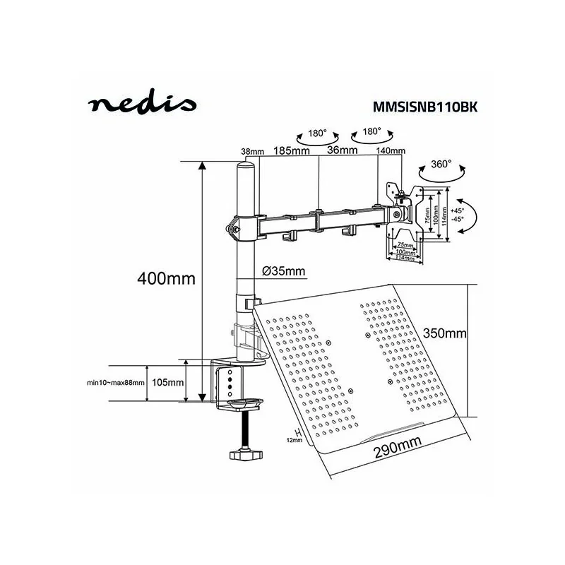 Support pour moniteur de bureau 1 écrans 15 - 32" Noir - NEDIS - MMSISNB110BK