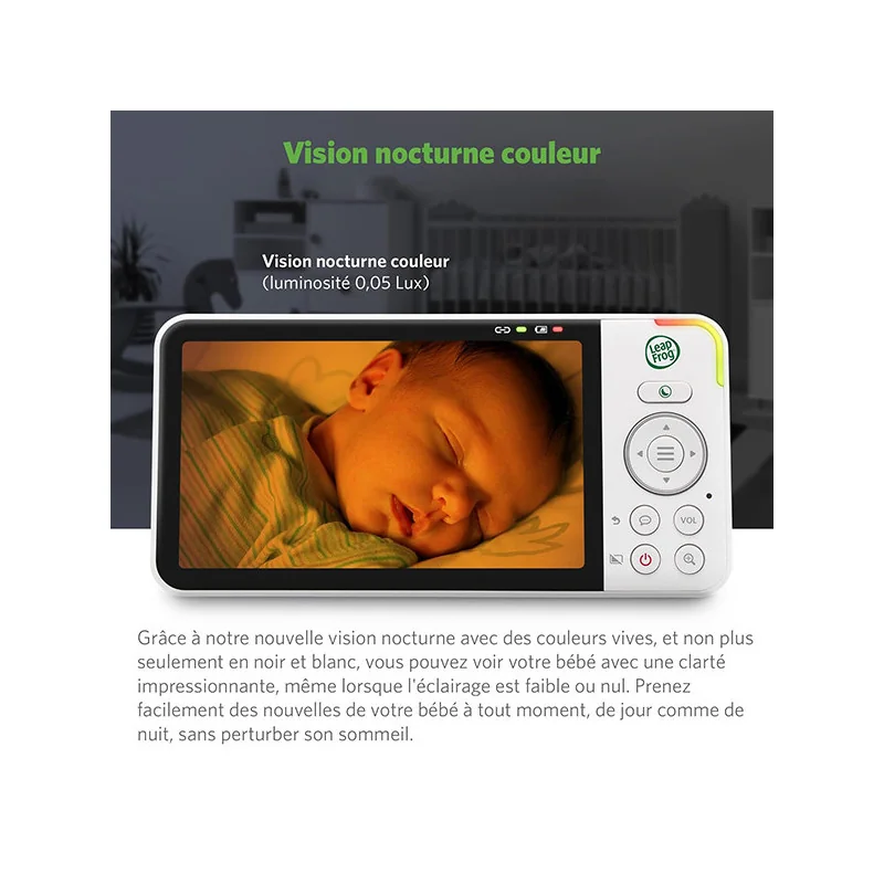 Babyphone panoramique/inclinable avec écran LCD HD 720p 5" Blanc LEAPFROG - Dès la naissance