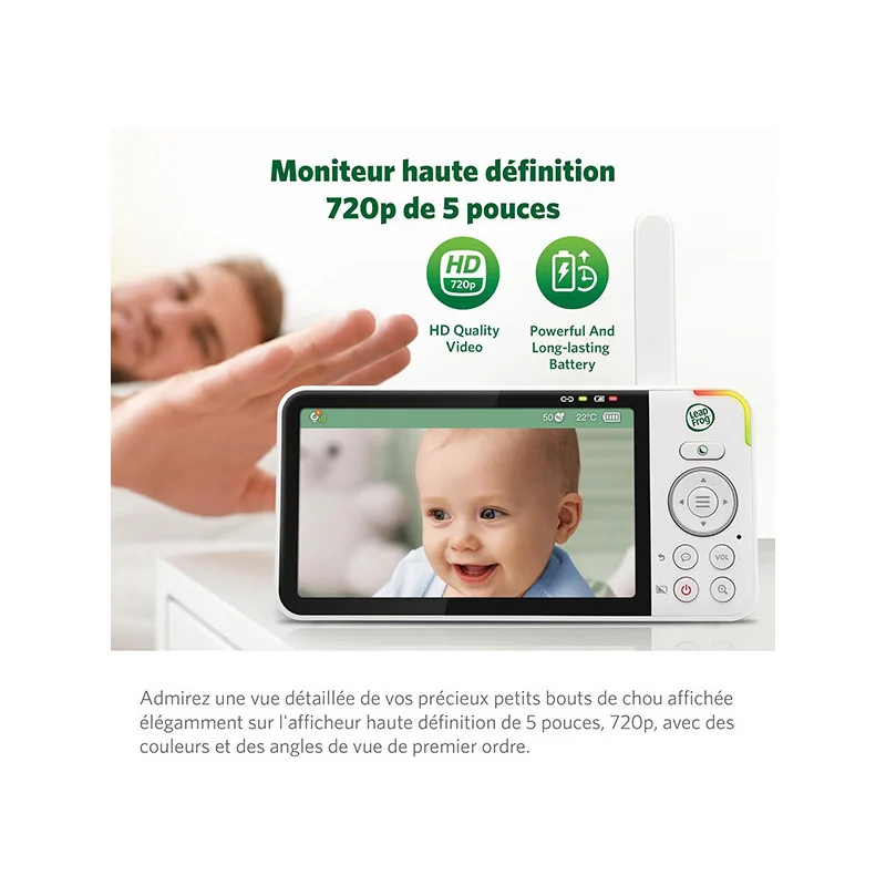 Babyphone panoramique/inclinable avec écran LCD HD 720p 5" Blanc LEAPFROG - Dès la naissance