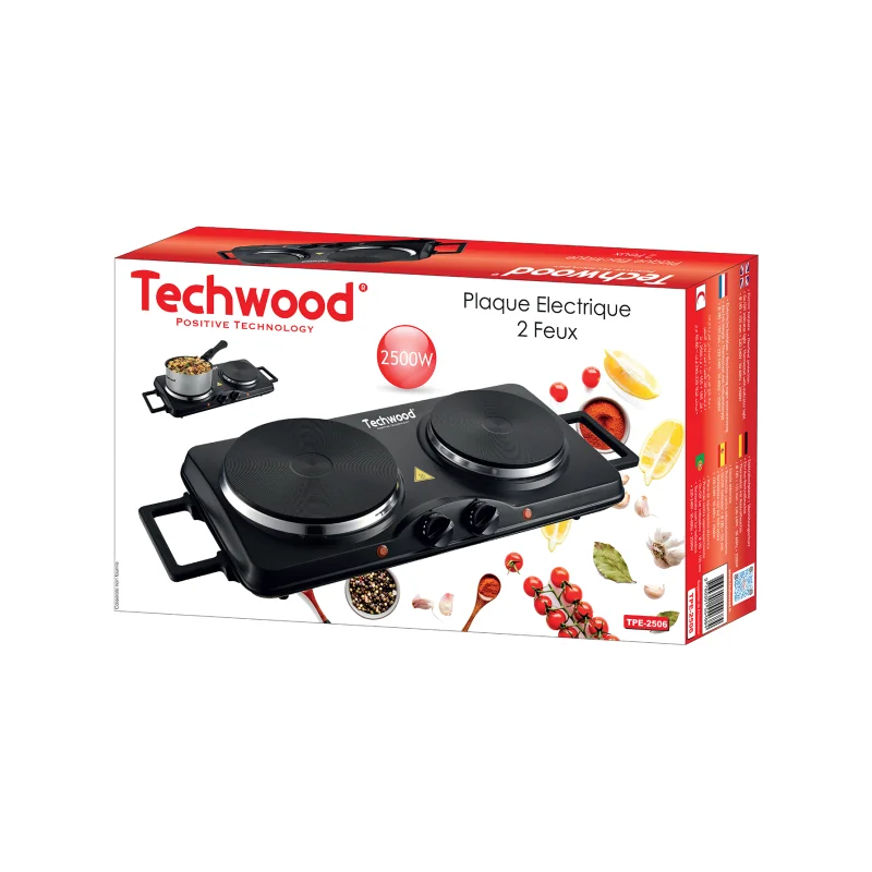 Plaque de cuisson électrique 2 feux 2500W Noir - TECHWOOD - CUISTPE2506TECH