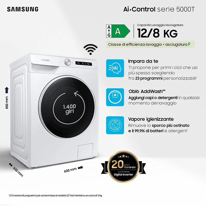 Lave-linge séchante Ai Control 1400tr/min lavage 12Kg séchage 8Kg Blanc - SAMSUNG - WD12T504DWW/S3