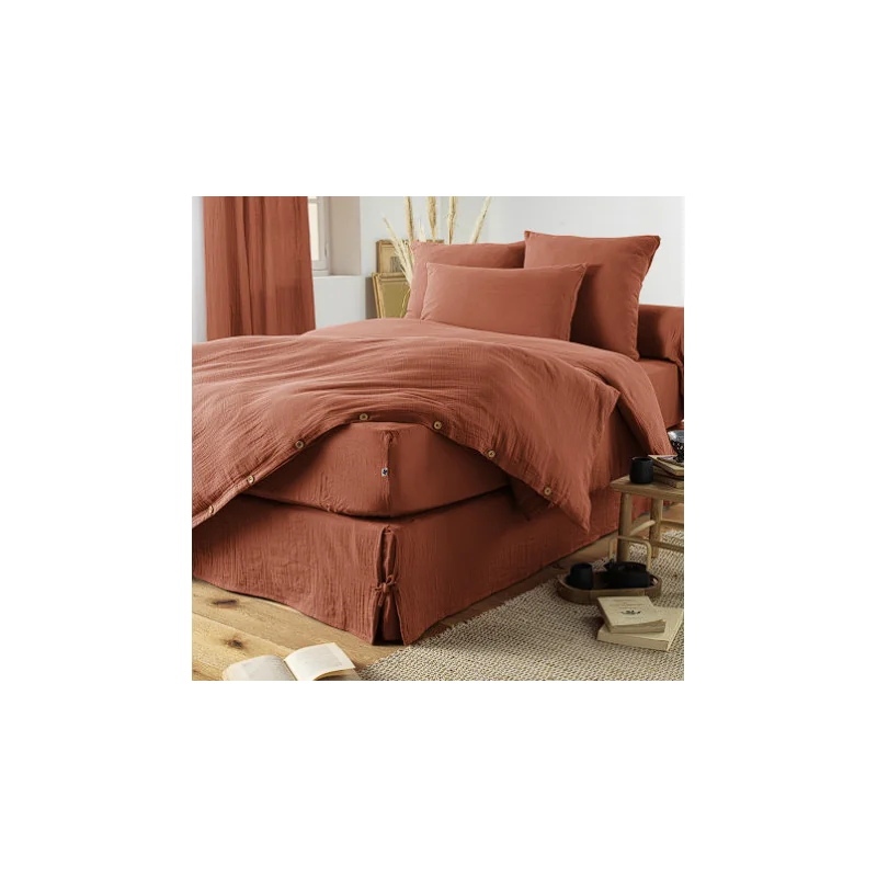 Drap housse double en gaze de coton terracotta 160x200 cm Gaia