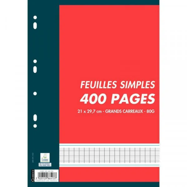 Sachet de 200 feuillets mobiles format A4 - CAMBRIDGE - P21160- grands carreaux