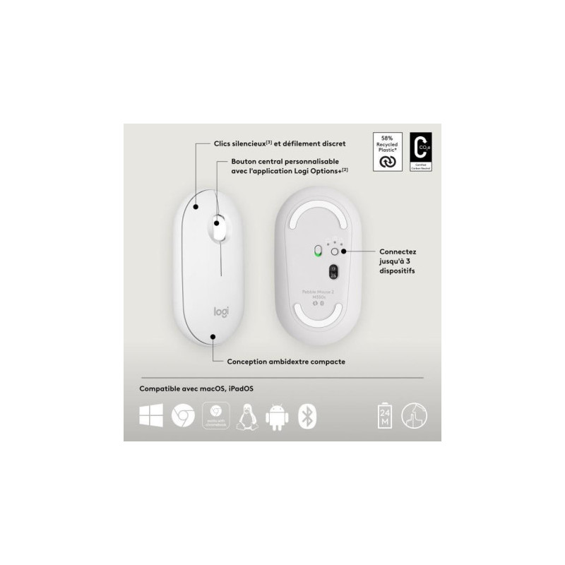 Souris sans fil Pebble Mouse 2 M350s Blanc - LOGITECH - SOU_LOG_M350S