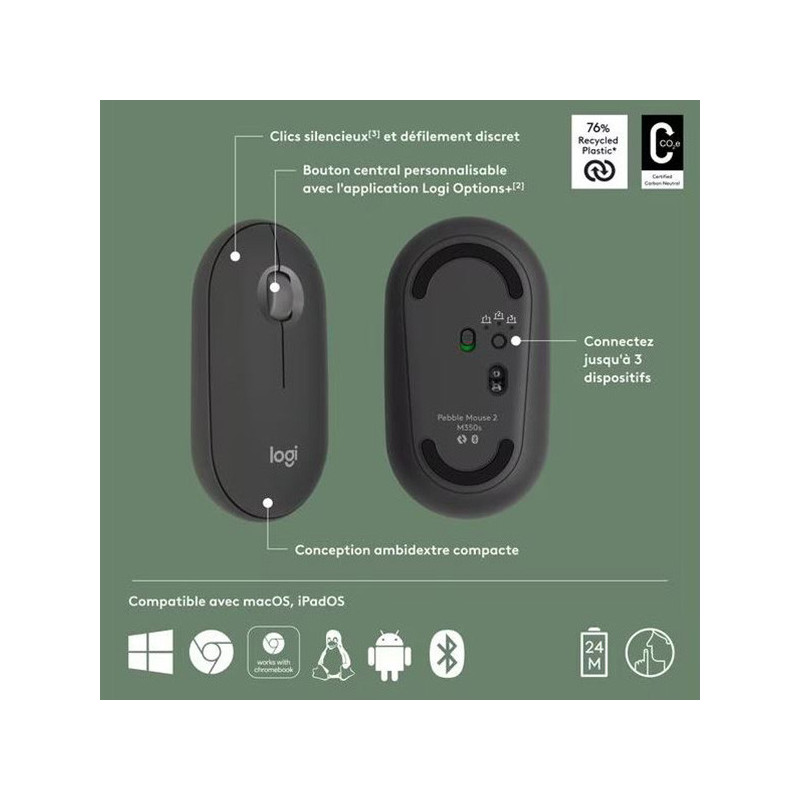 Souris sans fil Pebble Mouse 2 M350s Graphite - LOGITECH - SOU_LOG_M350S