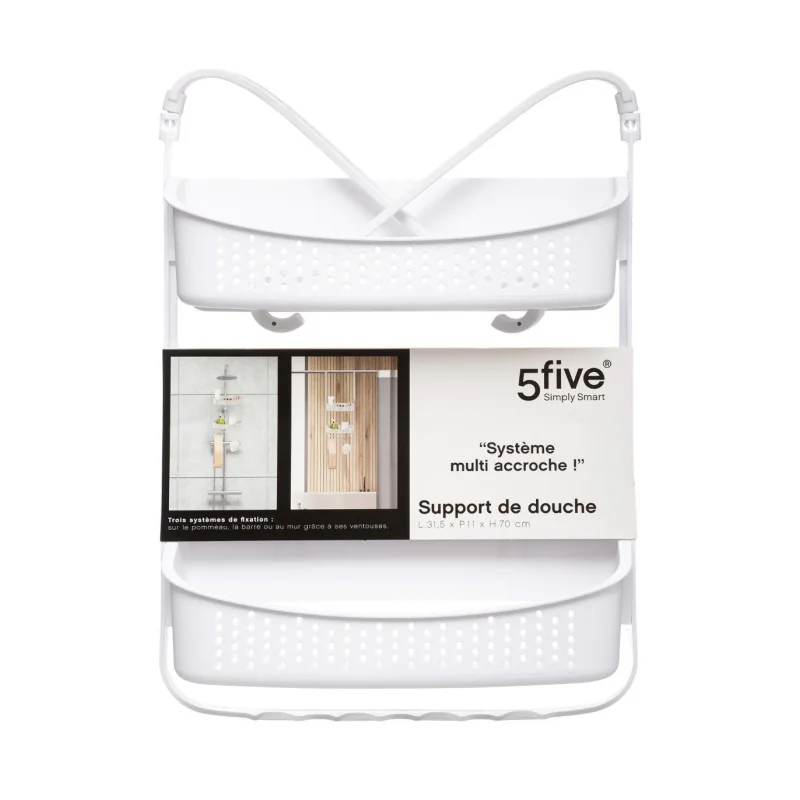 Support de douche souple 2 paniers système multi accroches Blanc Simply Smart