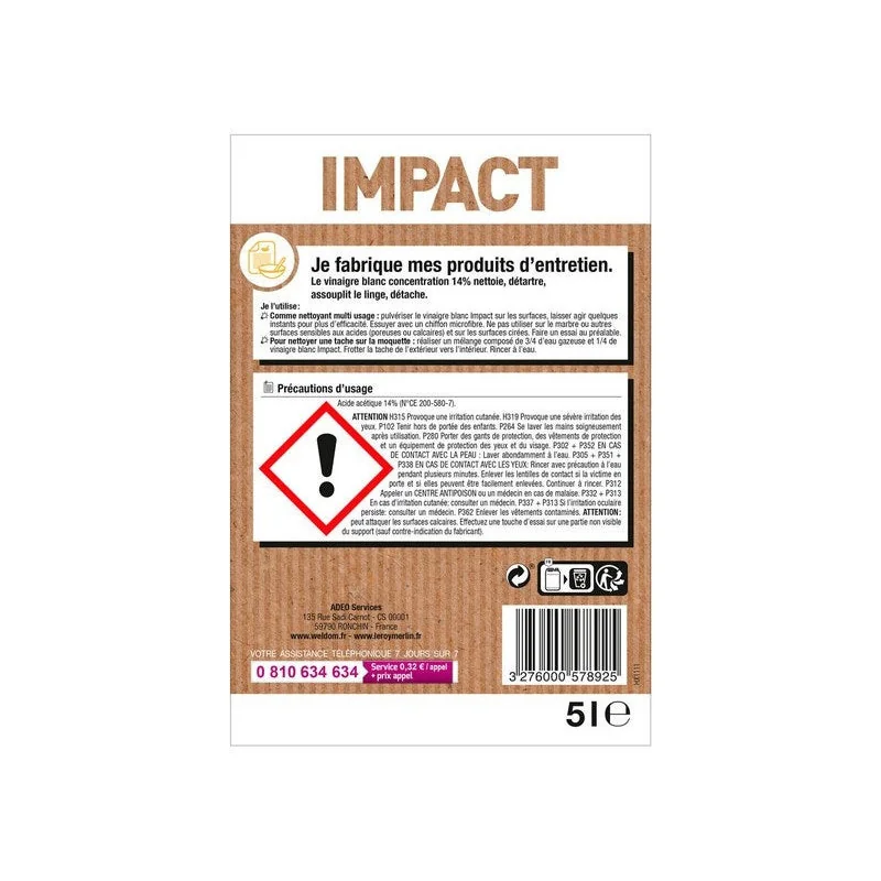 Vinaigre blanc ménager liquide multisurface IMPACT 14% 5L