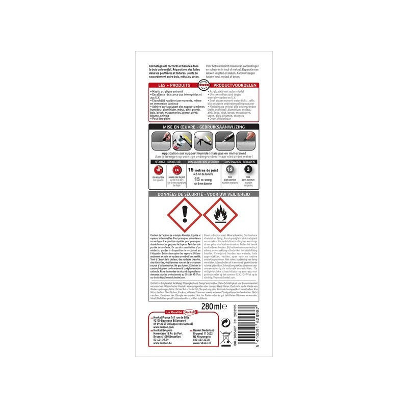 Mastic D'Étanchéité Toiture Anti-Fuites Rubson Transparent 280Ml