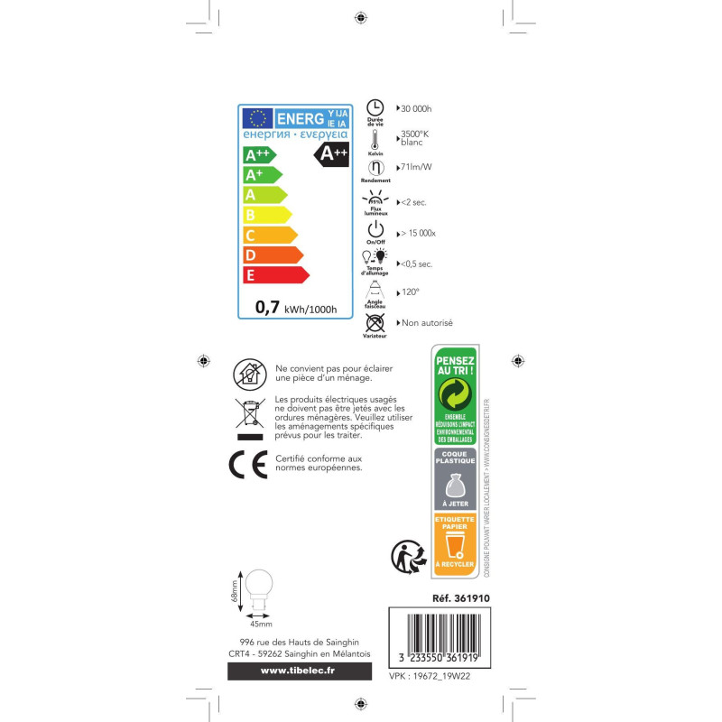 AMPOULE LED SPHERIQUE GUIRLANDE B22 0,5W BLANC TIBELEC X5