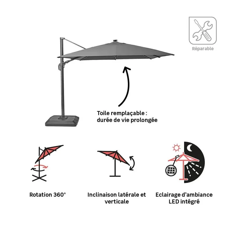 Parasol déporté LED + pied anthracite SONORA L.391 x l.282 cm