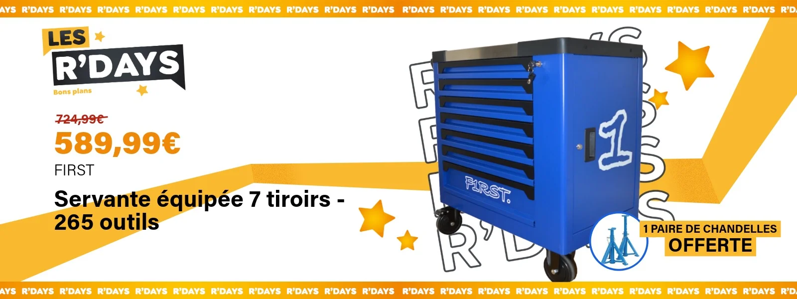Servante équipée 7 tiroirs, 265 outils - FIRST - +1 paire de chandelles offerte | Ravate.com Image : Servante équipée 7 tiroirs, 265 outils - FIRST - +1 paire de chandelles offerte | Ravate.com