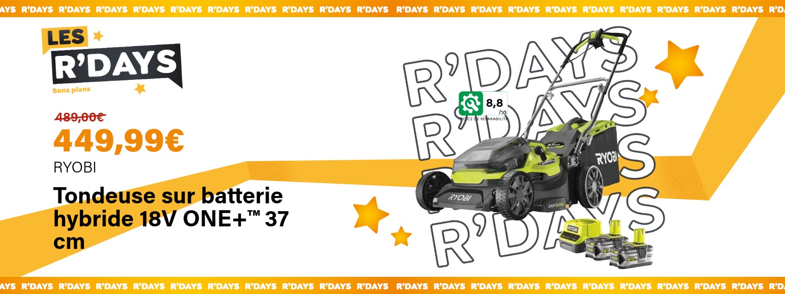 Tondeuse sur batterie hybride 18V ONE+ - Ryobi | Ravate.com Image : Tondeuse sur batterie hybride 18V ONE+ - Ryobi | Ravate.com