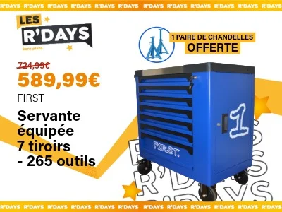 Servante équipée 7 tiroirs, 265 outils - FIRST - +1 paire de chandelles offerte | Ravate.com Image : Servante équipée 7 tiroirs, 265 outils - FIRST - +1 paire de chandelles offerte | Ravate.com